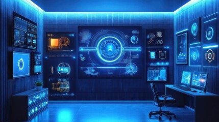 Futuristic control room with glowing screens