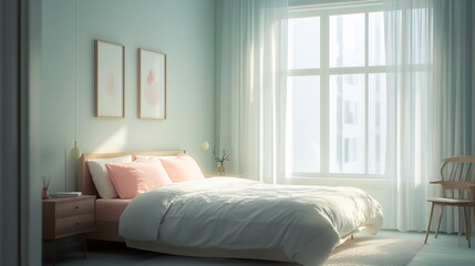 Fototapeta premium Sunlit bedroom with light pink bedding, wooden furniture, and large window.