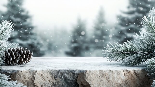 Snowy winter scene with pine branches and cone on a stone surface.