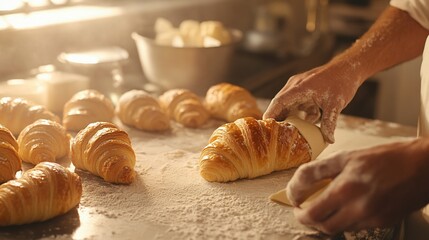 Baker's hands arranging freshly baked croissants on a floured surface in a bakery kitchen.