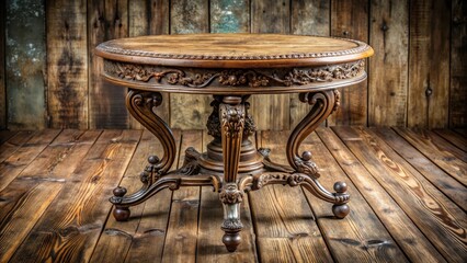 Old wooden round table with intricate carvings and ornate legs