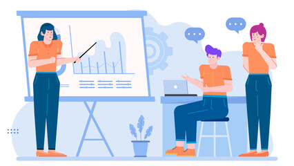 Three people presenting graph in meeting, suitable for business presentation, teamwork, teamwork training, meeting concept, corporate strategy discussion.