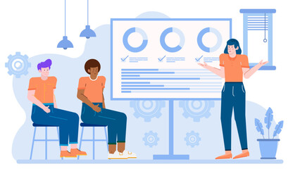 Meeting with people and a whiteboard for business presentations, brainstorming sessions, team discussions, workshops, strategy planning, and project meetings.