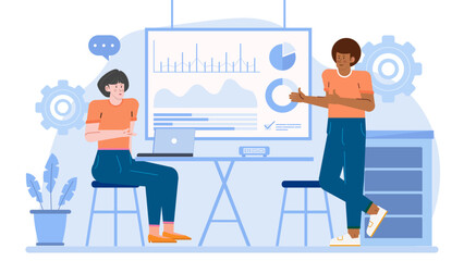 Man presenting data to a woman on a board. Suitable for business presentations, office meetings, teamwork discussions, project planning concept.