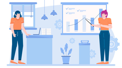 Two women presenting graph and data on a whiteboard, ideal for business presentations, teamwork, teaching, reports, meetings, and collaboration.