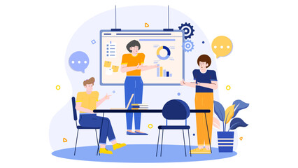 Three people analyzing data on a screen in a meeting room. Suitable for business presentations, teamwork concepts, data analysis visuals.