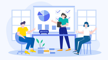 Three people discussing strategy in a meeting room. Suitable for business presentations, team collaboration concepts, and corporate communication designs.