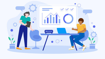 Two people analyzing data on a whiteboard. Perfect for business presentations, meetings, analytics, teamwork concepts, and educational materials.
