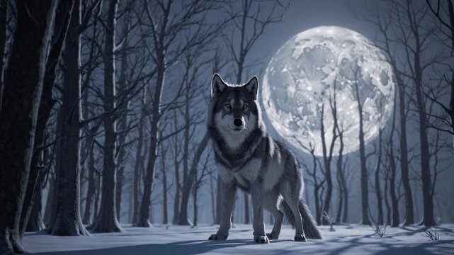 Wolf Standing in Snowy Forest.
