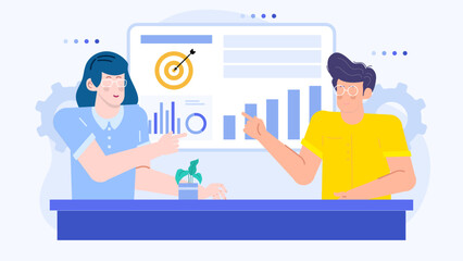 Two people presenting a graph and a target. Suitable for business presentations, financial reports, teamwork concepts, and goal setting illustrations.