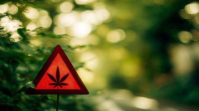Close-up of red warning sign with cannabis leaf symbol, caution alert for marijuana and drug awareness, substance abuse prevention concept.