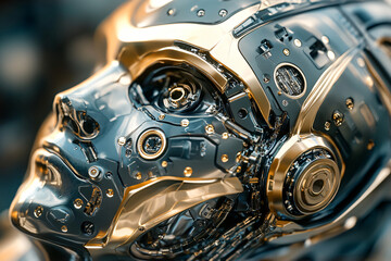 Detailed Stylized Robotic Head with Metallic and Gold Accents