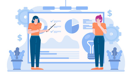Two individuals presenting financial report with charts. Suitable for business presentations, corporate blog posts, financial reports, and marketing materials.
