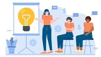 Woman presenting an idea to two people, suitable for business presentations, team meetings, brainstorming sessions, collaboration projects, group discussions.