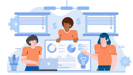 Three people engaged in a group presentation, suitable for teamwork, collaboration, business meeting, training, education, or professional development concepts.