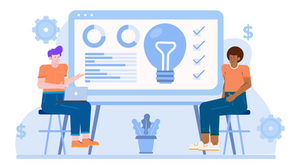 Business partners presenting charts and a light bulb in a business plan meeting. Suitable for business presentations and innovative concepts.