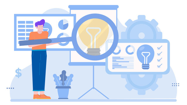 Man holding a magnifying glass over a lightbulb, examining closely. Concept of innovation, research, creativity. Suitable for business presentations and educational materials.