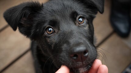 cute black puppy looking up.