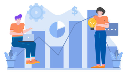 Two people brainstorm project ideas with graphs and a lightbulb. Suitable for business presentations, teamwork concepts, creative brainstorming visuals.