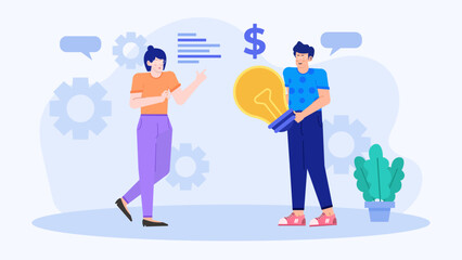 Title Two people discussing a new idea. This image is ideal for business, collaboration, brainstorming, team meetings, strategy discussions, and creative thinking concepts.