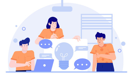 Three people brainstorm around a lightbulb, ideal for creative thinking, innovation, teamwork, and brainstorming concepts in business environments.