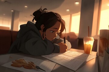 Young Woman Writing on Papers with Drink at Sunset Cafe Setting