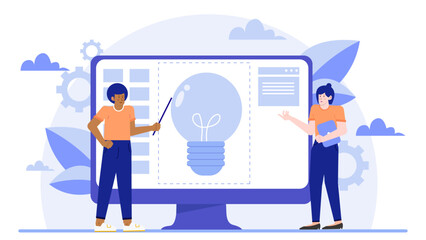 Two people holding up a lightbulb displayed on a computer screen, suitable for technology or innovation concepts in presentations.