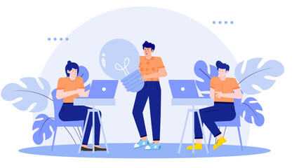Three people brainstorming with a lightbulb, laptops, suitable for teamwork, innovation, collaboration, brainstorming, technology, startup, business meeting visuals.