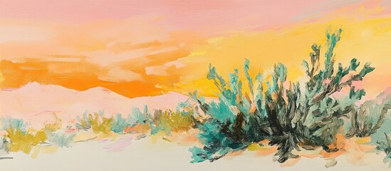 Gouache painting of a desert at dusk with bush on fire in impressionist style, with painterly brushstrokes and colorful pastel