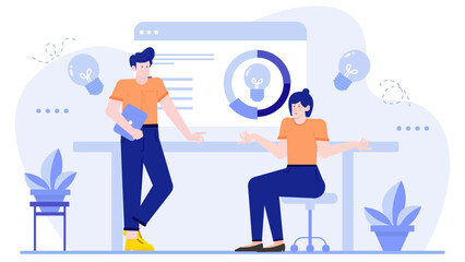 Two people analyzing chart and idea on blue background, suitable for business presentations, teamwork concepts, collaboration discussions, and data analysis.