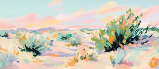 Gouache painting of a desert at dusk with bush on fire in impressionist style, with painterly brushstrokes and colorful pastel