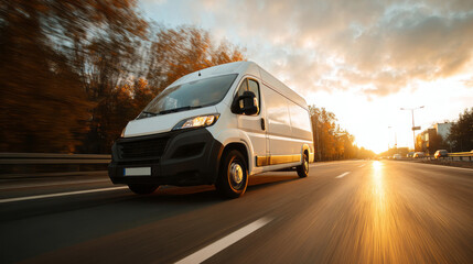 a white delivery van driving down a highway during a sunset.