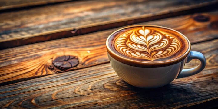 A beautifully crafted latte art coffee adorns a rustic wooden table, showcasing intricate designs and patterns in a delicate balance of color and texture, craft, java