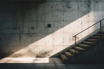 Light Brown Wooden Stairs with Concrete Wall and Black Metal Handrail