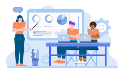 Woman presenting graph on laptop to two men, suitable for business presentations, teamwork concepts, financial discussions, and digital marketing strategies.