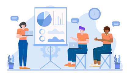 Corporate professionals analyzing charts in a presentation. Suitable for business presentations, financial reports, teamwork concepts, and data analysis visuals.