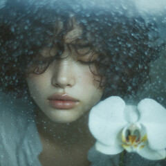 Soft natural beauty close up of a young woman with clear skin and closed eyes surrounded by white orchid flower for skincare and wellness concept