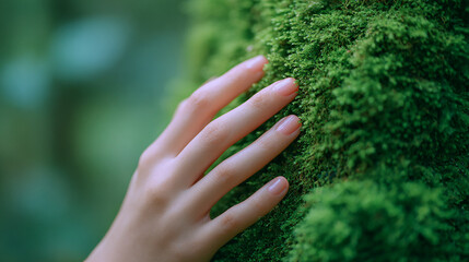 Close up of gentle hand touching soft green moss in natural forest environment showing connection with nature and calm feeling
