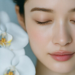 Soft natural beauty close up of a young woman with clear skin and closed eyes surrounded by white orchid flower for skincare and wellness concept