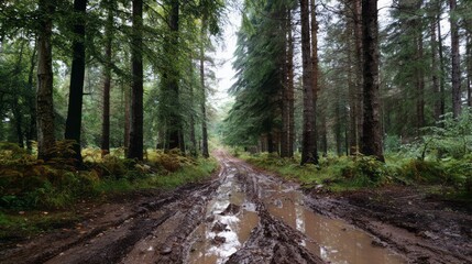 Fototapeta premium A muddy road through a dense forest.