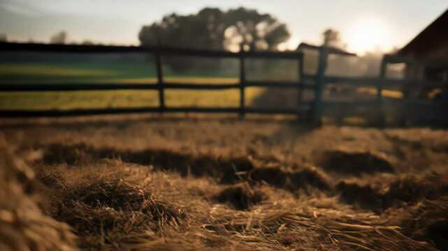 Close-up of a wooden pitchfork on a farm with hay, during golden hour, rural scene with sun shining through, country living concept, rustic lifestyle