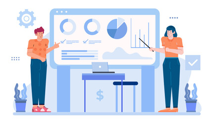 Two people presenting data and graphs on a whiteboard. Suitable for business meetings, presentations, teamwork, collaboration concepts.