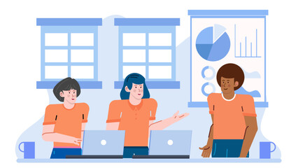 Three people at a desk with laptops; perfect for business, technology, teamwork, collaboration, remote work, and office environment concepts.