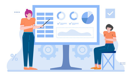 Two people conversing about a presentation, suitable for business, teamwork, communication, office discussions, collaboration, professional presentations, and seminars.