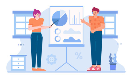 Two people review business data on a whiteboard. Perfect for business presentations, financial reports, teamwork concepts, and corporate meetings.