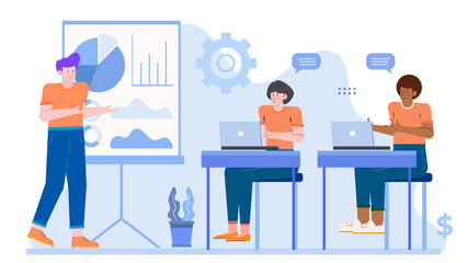 Man presenting a business plan to clients, suitable for presentations, business pitches, financial reports, corporate communication, teamwork visuals.