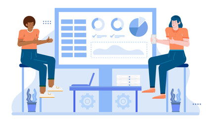 Two people analyzing information on a big screen. Suitable for technology, teamwork, data analysis, business communication, and collaborative projects.