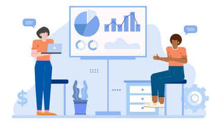 Two people presenting financial data charts in a meeting. Suitable for business presentations, teamwork concepts, financial reports, and corporate communication.