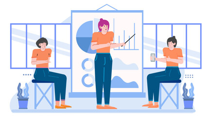 Three people in a meeting, one presenting graphs. Suitable for business presentations, teamwork concepts, corporate communication visuals.