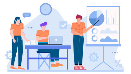 Three people presenting charts in an office, suitable for business presentations, teamwork concepts, corporate meetings, financial reports, and professional seminars.